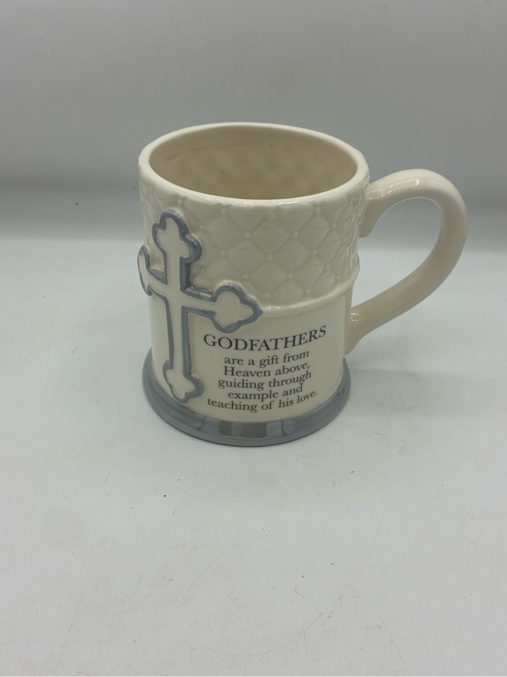 Godfathers Ceramic Mug in Cream with Gray Cross - Inspirational Home Dining Cup